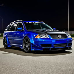 A blue 2001 VW Passat R36 L wagon, modified as a drift car with wide fender flares, an eye-catching drifting livery, a carbon fiber hood, and an aggressive aerodynamic body kit