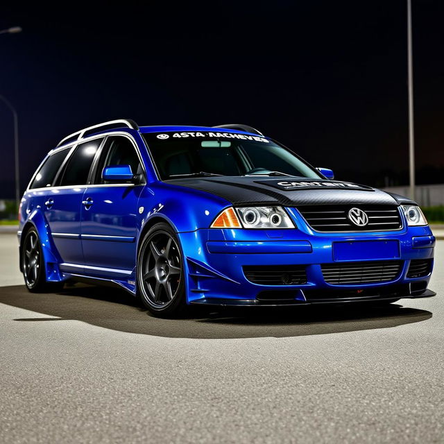 A blue 2001 VW Passat R36 L wagon, modified as a drift car with wide fender flares, an eye-catching drifting livery, a carbon fiber hood, and an aggressive aerodynamic body kit