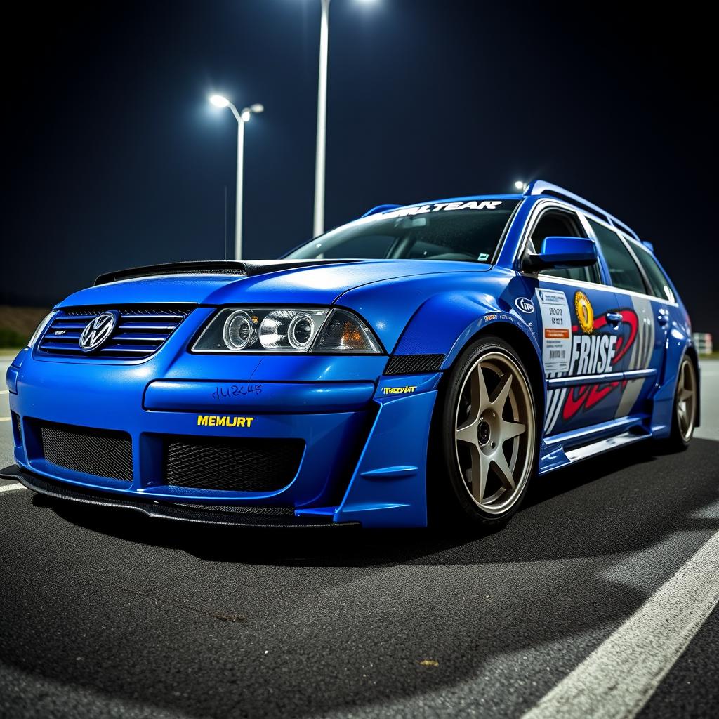 A blue 2001 VW Passat R36 L wagon, modified as a drift car with wide fender flares, an eye-catching drifting livery, a carbon fiber hood, and an aggressive aerodynamic body kit