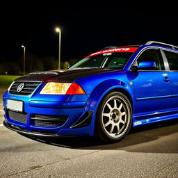 A blue 2001 VW Passat R36 L wagon, modified as a drift car with wide fender flares, an eye-catching drifting livery, a carbon fiber hood, and an aggressive aerodynamic body kit