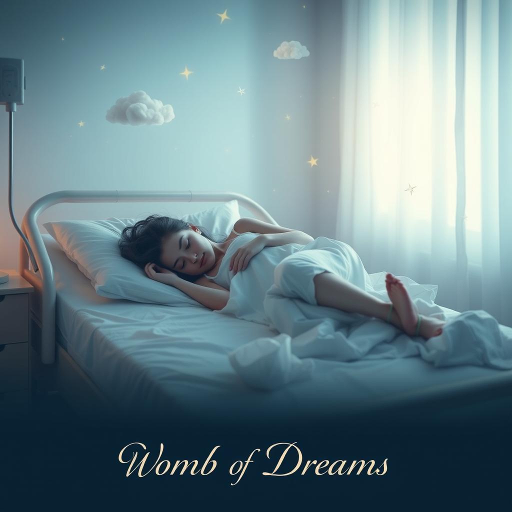 A cinematic poster for a short film titled 'Womb of Dreams', featuring a young woman in her 20s sleeping peacefully on a hospital bed in a fetal position