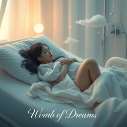 A cinematic poster for a short film titled 'Womb of Dreams', featuring a young woman in her 20s sleeping peacefully on a hospital bed in a fetal position