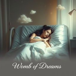 A cinematic poster for a short film titled 'Womb of Dreams', featuring a young woman in her 20s sleeping peacefully on a hospital bed in a fetal position