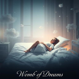 A cinematic poster for a short film titled 'Womb of Dreams', featuring a young woman in her 20s sleeping peacefully on a hospital bed in a fetal position