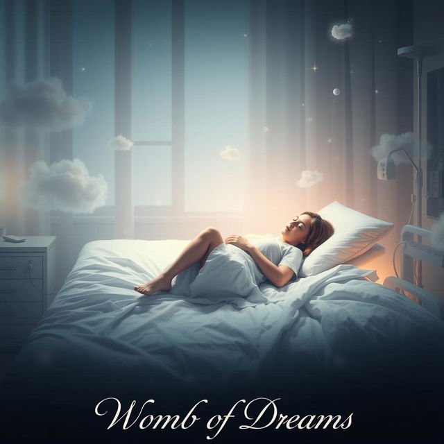 A cinematic poster for a short film titled 'Womb of Dreams', featuring a young woman in her 20s sleeping peacefully on a hospital bed in a fetal position