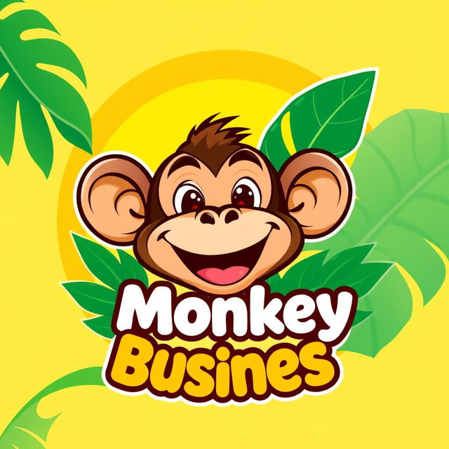 A vibrant and playful logo featuring a cartoon monkey with exaggerated facial features, smiling widely