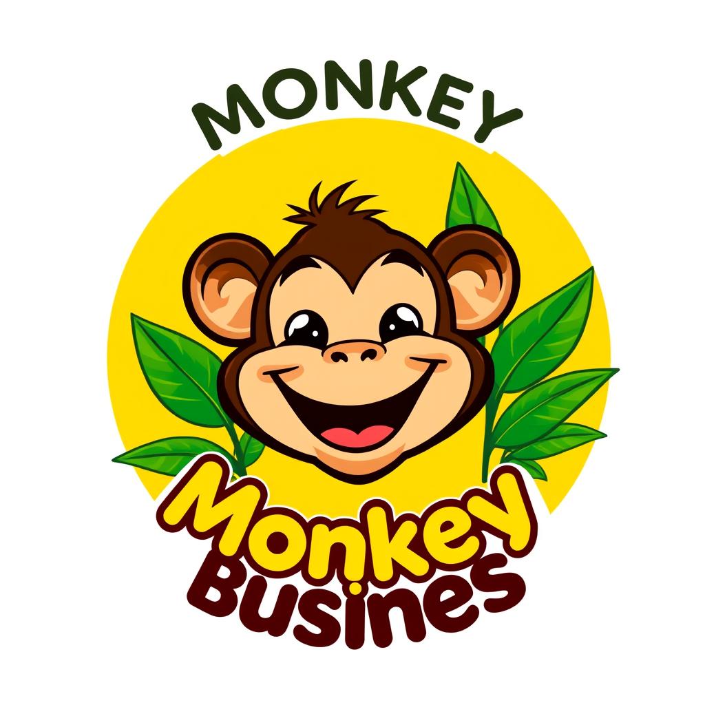 A vibrant and playful logo featuring a cartoon monkey with exaggerated facial features, smiling widely