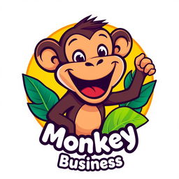 A vibrant and playful logo featuring a cartoon monkey with exaggerated facial features, smiling widely