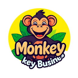 A vibrant and playful logo featuring a cartoon monkey with exaggerated facial features, smiling widely