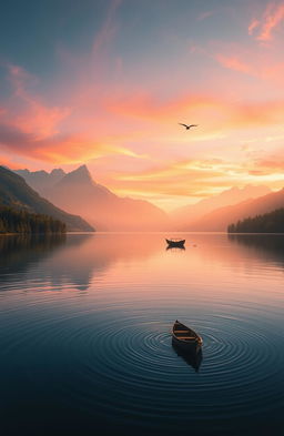 A serene landscape featuring a calm lake surrounded by lush green forests and majestic mountains in the background
