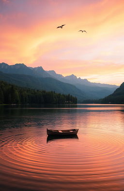 A serene landscape featuring a calm lake surrounded by lush green forests and majestic mountains in the background