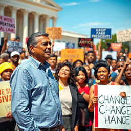 A striking scene depicting a diverse group of people passionately requesting change from a presidential figure