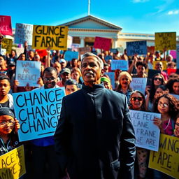 A striking scene depicting a diverse group of people passionately requesting change from a presidential figure