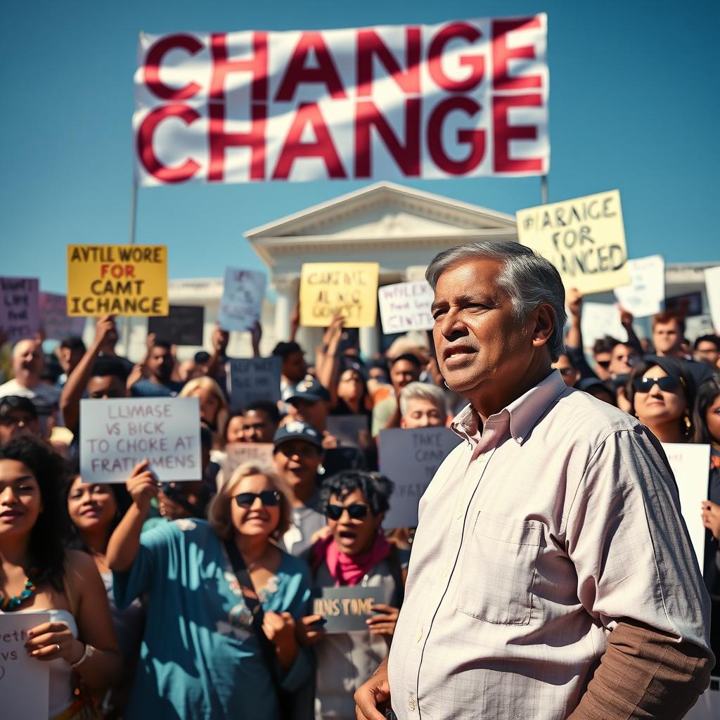 A striking scene depicting a diverse group of people passionately requesting change from a presidential figure