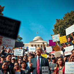 A striking scene depicting a diverse group of people passionately requesting change from a presidential figure