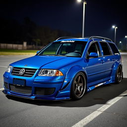A blue 2001 VW Passat R36 L wagon designed as a drift car, showcasing wide fender flares and an aggressive aerodynamic body kit