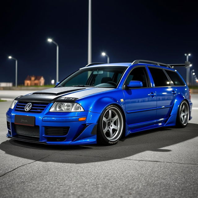 A blue 2001 VW Passat R36 L wagon designed as a drift car, showcasing wide fender flares and an aggressive aerodynamic body kit