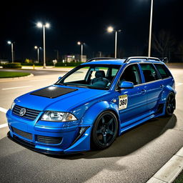 A blue 2001 VW Passat R36 L wagon designed as a drift car, showcasing wide fender flares and an aggressive aerodynamic body kit