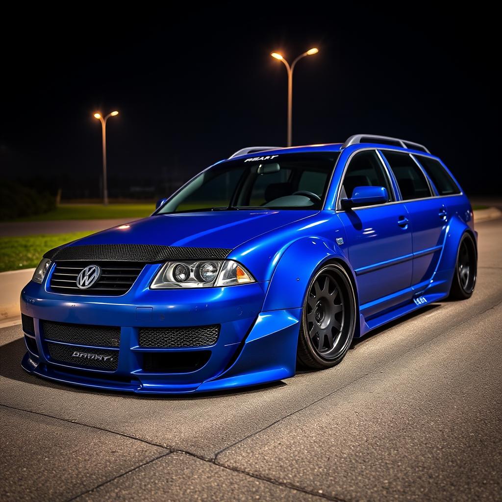 A blue 2001 VW Passat R36 L wagon designed as a drift car, showcasing wide fender flares and an aggressive aerodynamic body kit