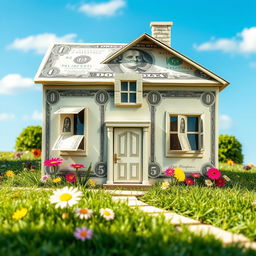 A whimsical and imaginative scene depicting a house made entirely out of one-dollar bills