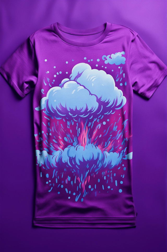 This is a high-quality digital art image of a vibrant purple graphic t-shirt featuring a whimsical print of a light blue cloud in a stylized, cartoonish style