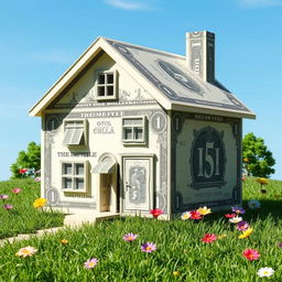 A whimsical and imaginative scene depicting a house made entirely out of one-dollar bills