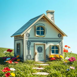 A whimsical and imaginative scene depicting a house made entirely out of one-dollar bills