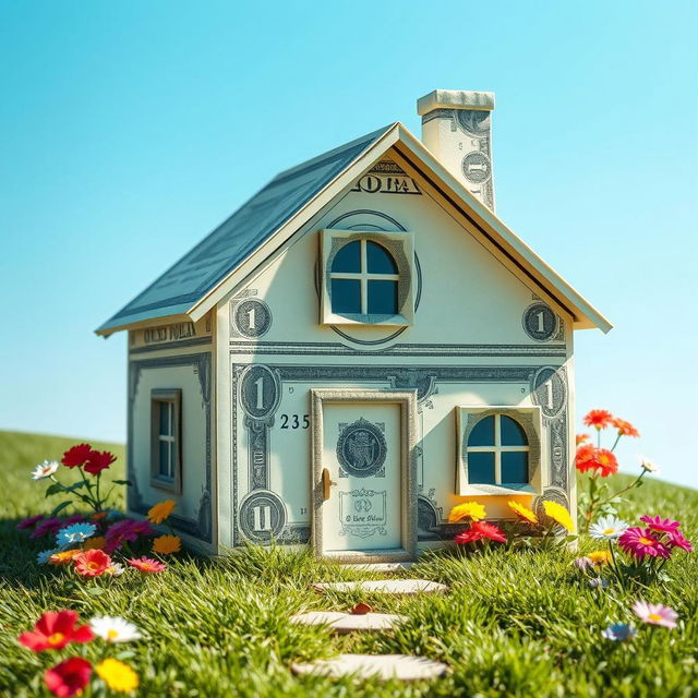 A whimsical and imaginative scene depicting a house made entirely out of one-dollar bills