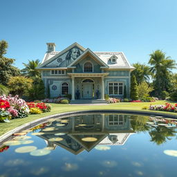 An artistic and creative representation of a house constructed entirely from one-hundred-dollar bills
