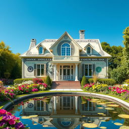 An artistic and creative representation of a house constructed entirely from one-hundred-dollar bills
