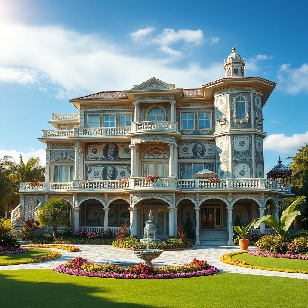 A luxurious and grand house designed entirely from one-hundred thousand-dollar bills