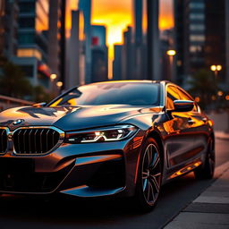 A sleek BMW car parked in a luxurious urban setting at sunset
