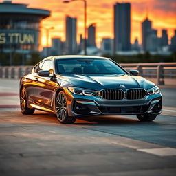 A sleek BMW car parked in a luxurious urban setting at sunset