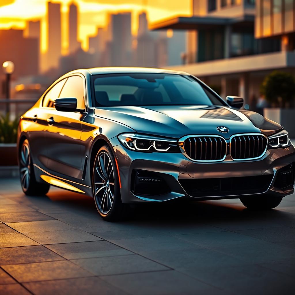 A sleek BMW car parked in a luxurious urban setting at sunset