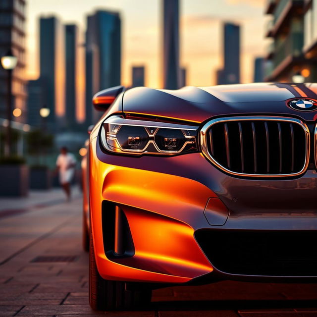 A sleek BMW car parked in a luxurious urban setting at sunset