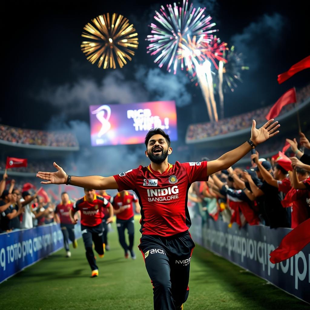 A dramatic scene in a floodlit stadium capturing the electrifying moment as Royal Challengers Bangalore clinches the final winning run in the IPL final