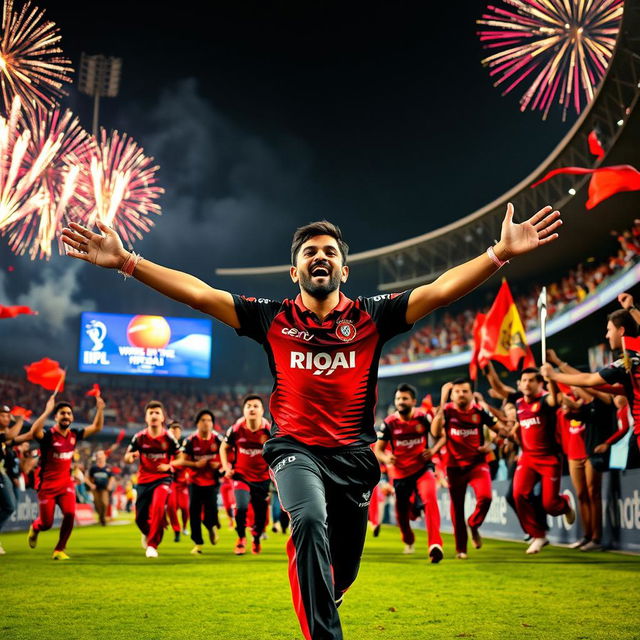 A dramatic scene in a floodlit stadium capturing the electrifying moment as Royal Challengers Bangalore clinches the final winning run in the IPL final