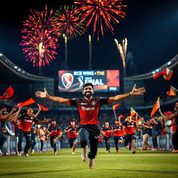 A dramatic scene in a floodlit stadium capturing the electrifying moment as Royal Challengers Bangalore clinches the final winning run in the IPL final