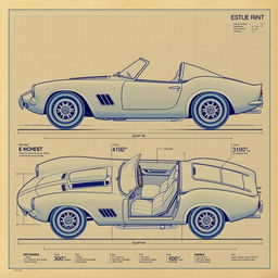 A detailed blueprint of a retro sports car showcasing its classic design elements