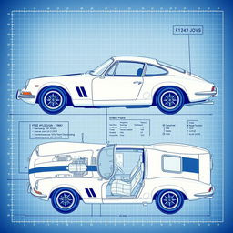 A detailed blueprint of a retro sports car showcasing its classic design elements