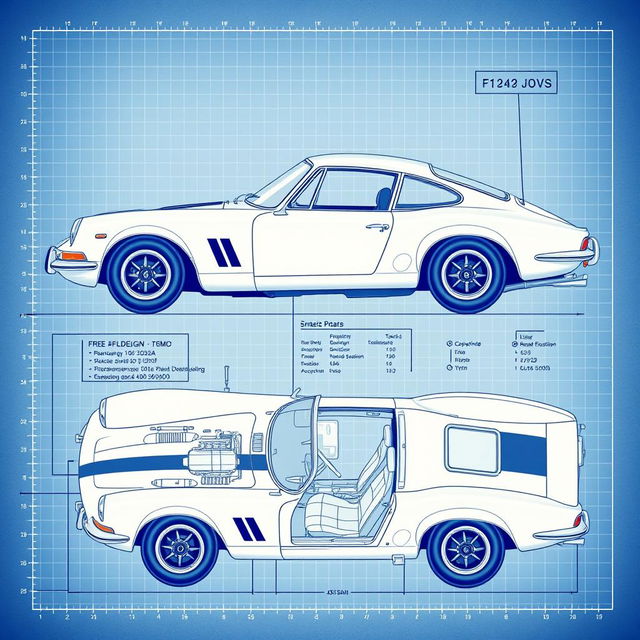 A detailed blueprint of a retro sports car showcasing its classic design elements