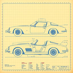 A detailed blueprint of a retro sports car showcasing its classic design elements