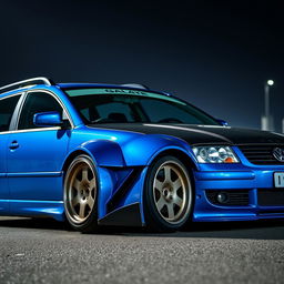 A blue 2001 VW Passat R36 L wagon, modified as a drift car featuring prominent fender flares, an eye-catching drifting livery, a sleek carbon hood, and an aggressive aerodynamic body kit