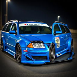 A blue 2001 VW Passat R36 L wagon, modified as a drift car featuring prominent fender flares, an eye-catching drifting livery, a sleek carbon hood, and an aggressive aerodynamic body kit