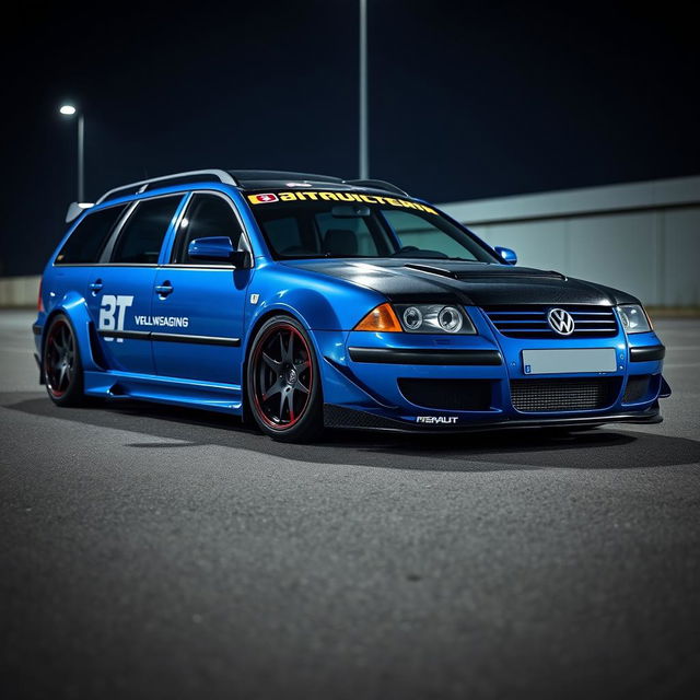 A blue 2001 VW Passat R36 L wagon, modified as a drift car featuring prominent fender flares, an eye-catching drifting livery, a sleek carbon hood, and an aggressive aerodynamic body kit