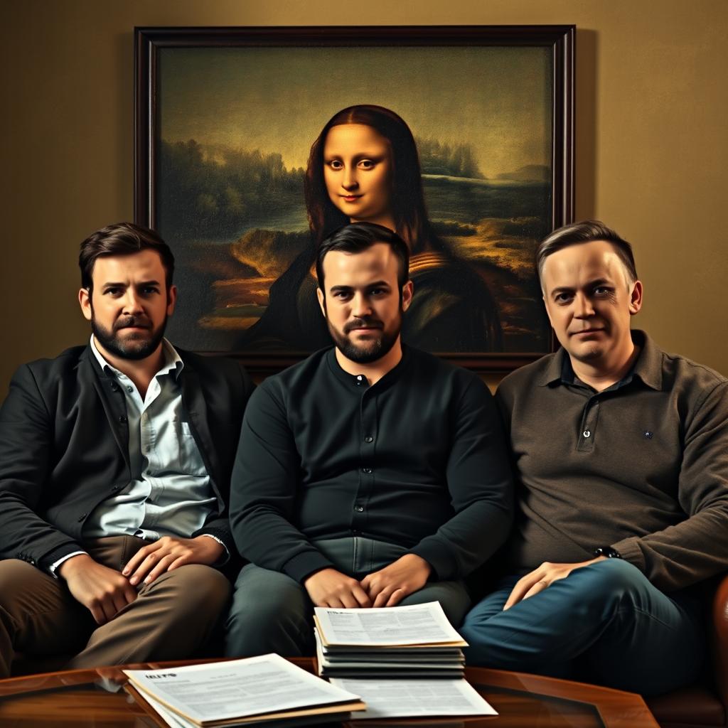 A serene and artistic scene in the style of the Mona Lisa, featuring three men sitting casually on a couch