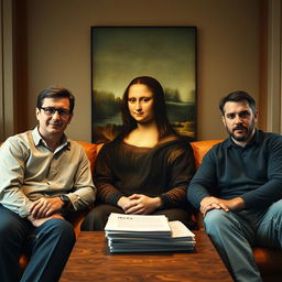 A serene and artistic scene in the style of the Mona Lisa, featuring three men sitting casually on a couch