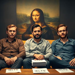 A serene and artistic scene in the style of the Mona Lisa, featuring three men sitting casually on a couch