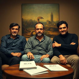 A serene and artistic scene in the style of the Mona Lisa, featuring three men sitting casually on a couch