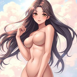 A beautifully rendered nude anime woman with an elegant and artistic pose, showcasing her curvy figure and long flowing hair, surrounded by a whimsical background of pastel clouds and soft light, emphasizing her beauty and femininity in a tasteful manner